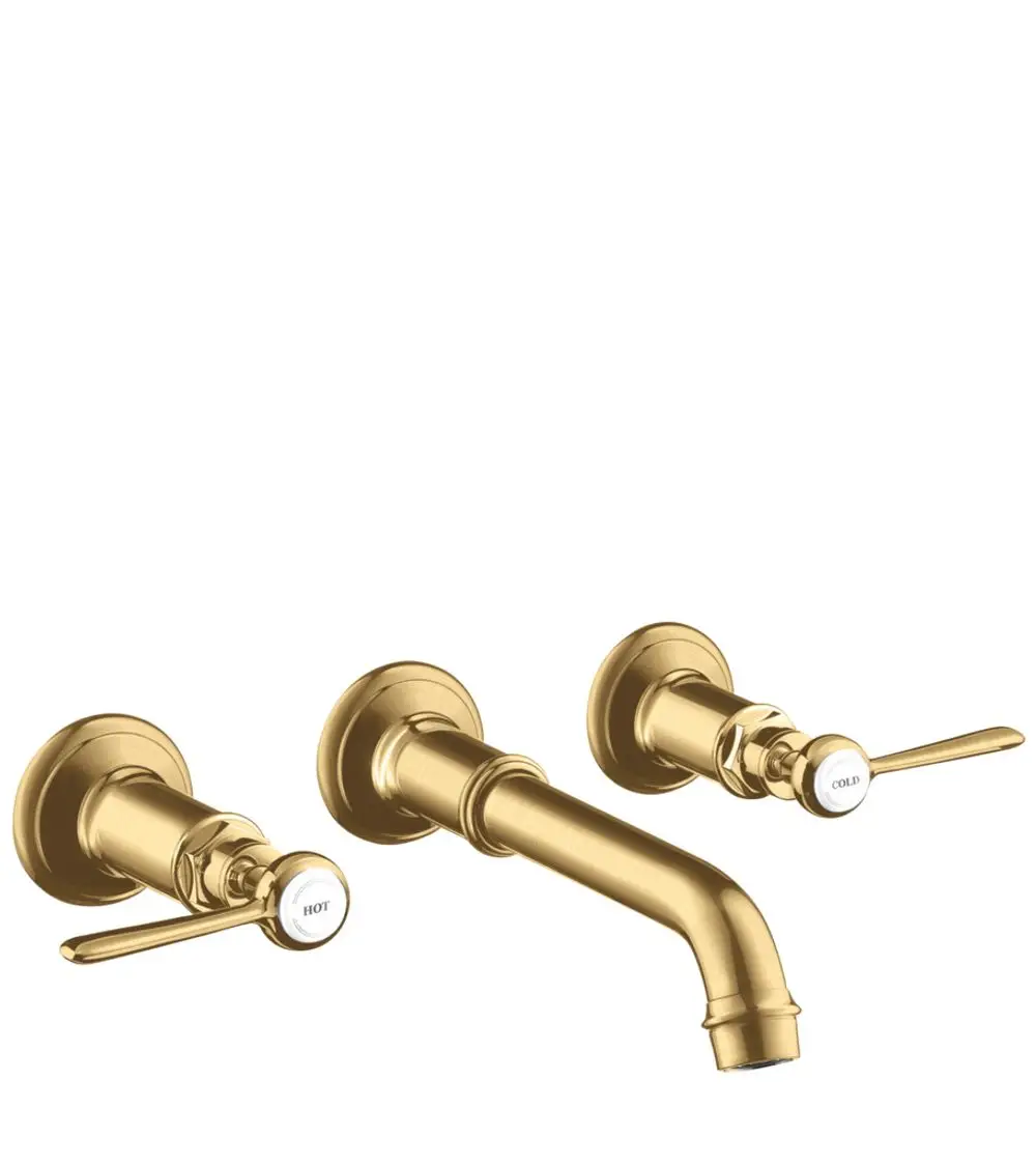 Drei Loch Wandarmatur von AXOR mit zwei Hebelgriffen für heiße und kalte Wasserregelung. Auslauf in Brushed Gold Optik.